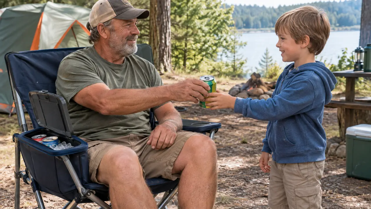A dad opening the built-in cooler armrest on a camp chair while a child reaches for a drink