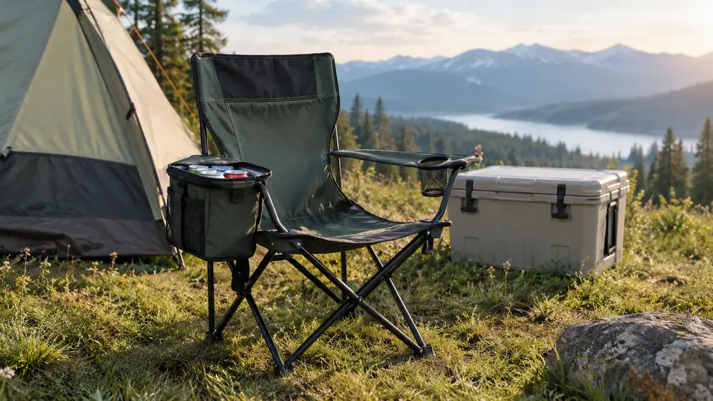 A camp chair with a built-in cooler sitting on a grassy campsite next to a tent and a cooler chest