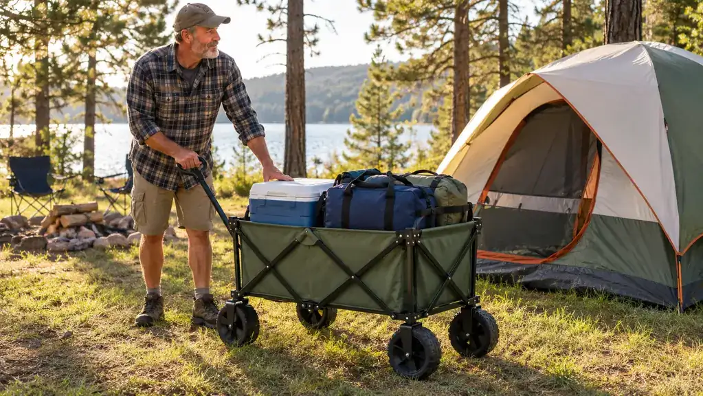 A large folding wagon loaded with a cooler and duffel bags parked beside a tent at a campsite