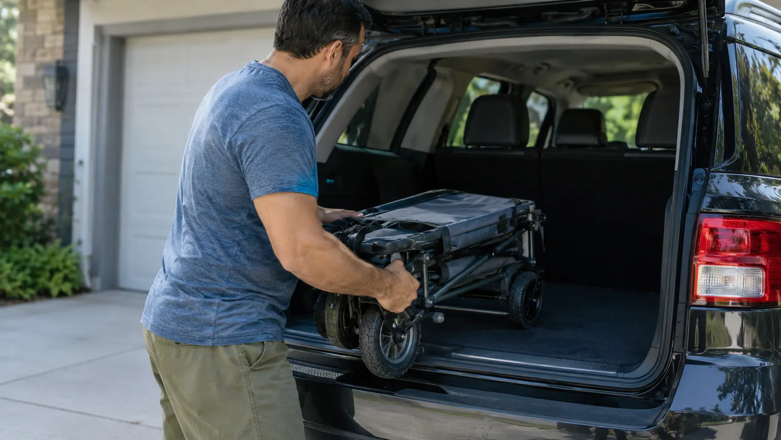 A dad folding a collapsible wagon flat and lifting it into the back of an SUV