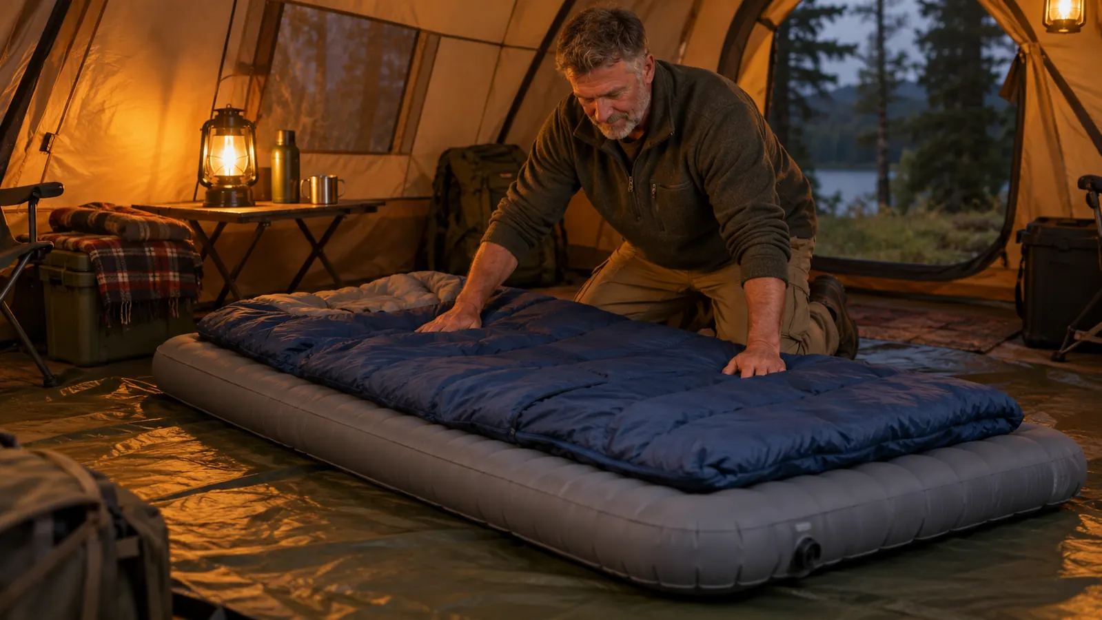 An inflatable double sleeping pad laid out inside a large tent with a sleeping bag on top, a dad kneeling beside it in warm lantern light