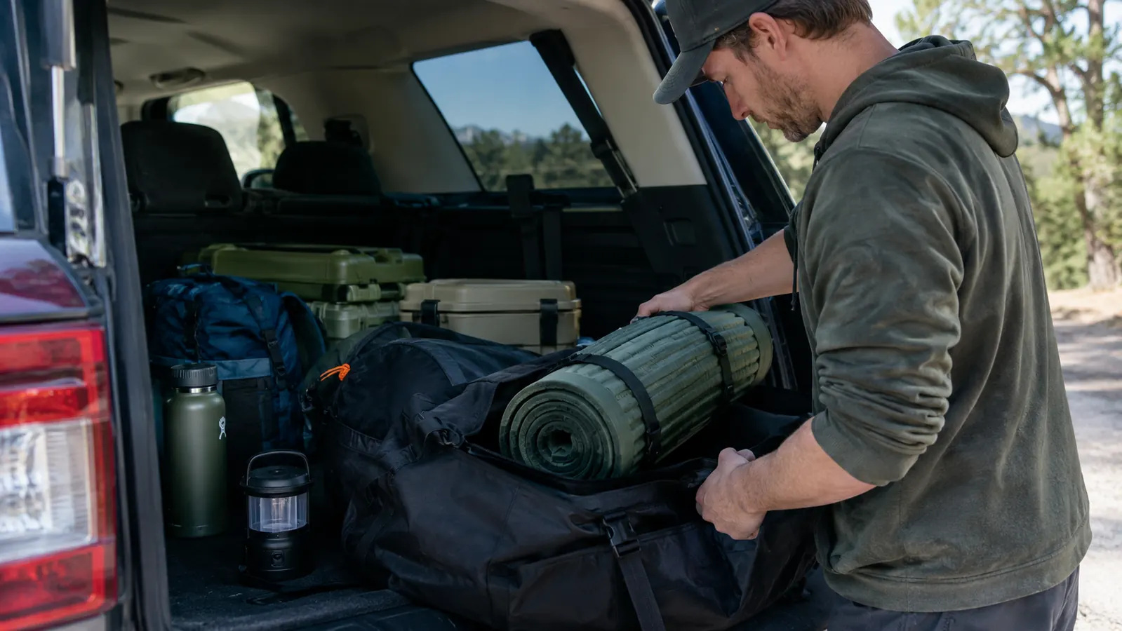 Hands folding a rolled double sleeping pad into a duffel bag next to an open SUV tailgate with camping gear packed around it