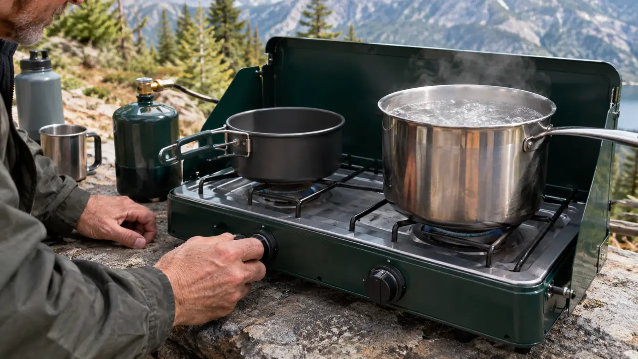 A hand adjusting the knob on a two-burner camp stove while a pot of water boils