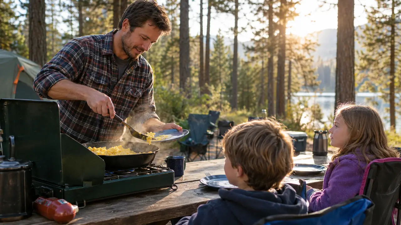 A dad serving breakfast from a large skillet on a two-burner camp stove while kids wait at a picnic table