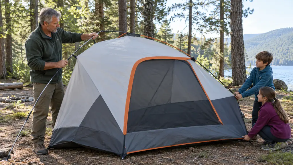 A dad and two kids setting up the instant tent at a campsite, one adult extending a tent pole while the kids hold the opposite corner