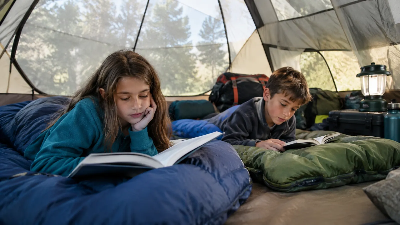 Kids sitting on sleeping bags inside the tent, reading, with daylight coming through the mesh ceiling