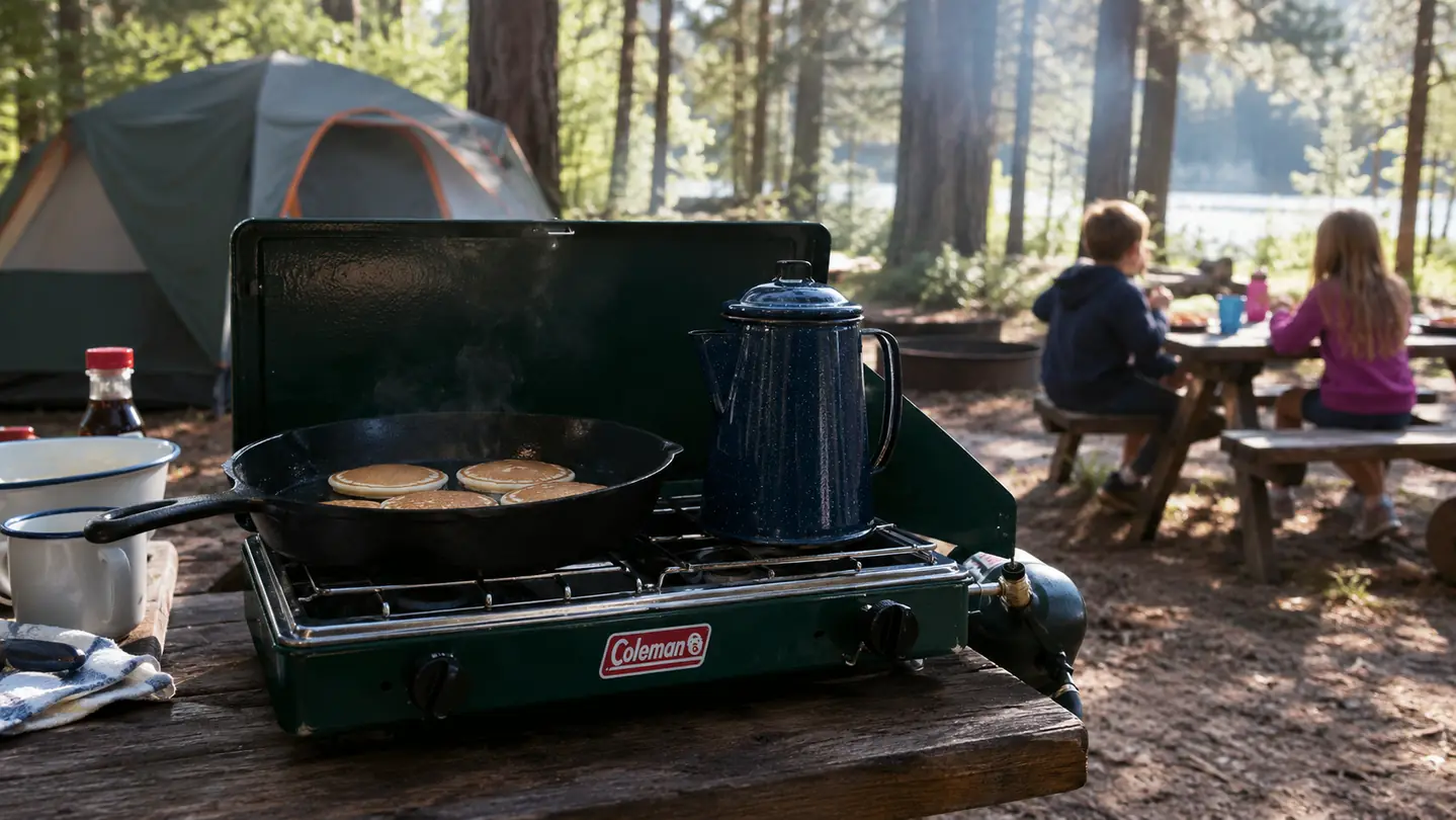 A morning campsite scene with a two-burner camp stove on a table, a pan of pancakes on one burner, and kids sitting at a nearby picnic table