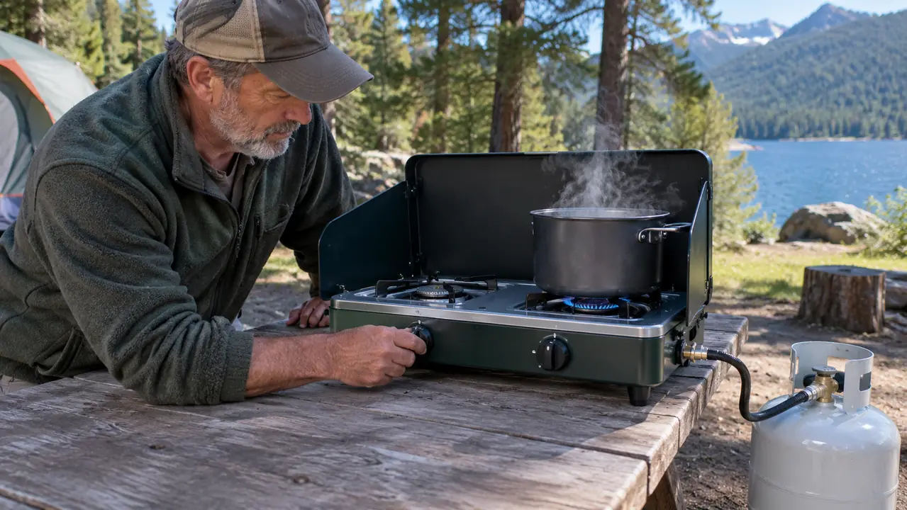 A dad adjusting the flame on a two-burner camping stove while a pot of water heats up