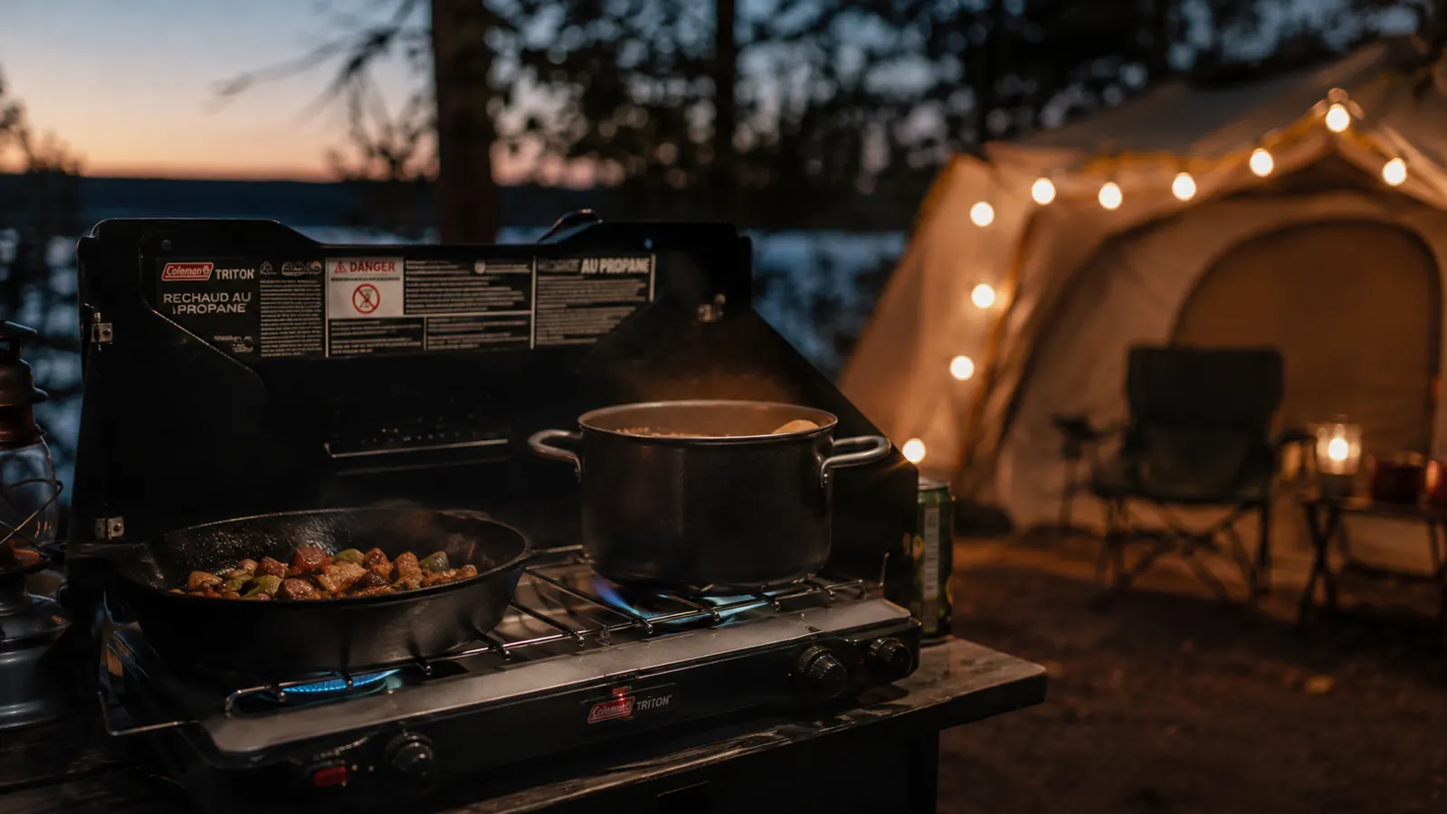 A camping stove with a cast iron skillet and a pot cooking at a campsite in the evening