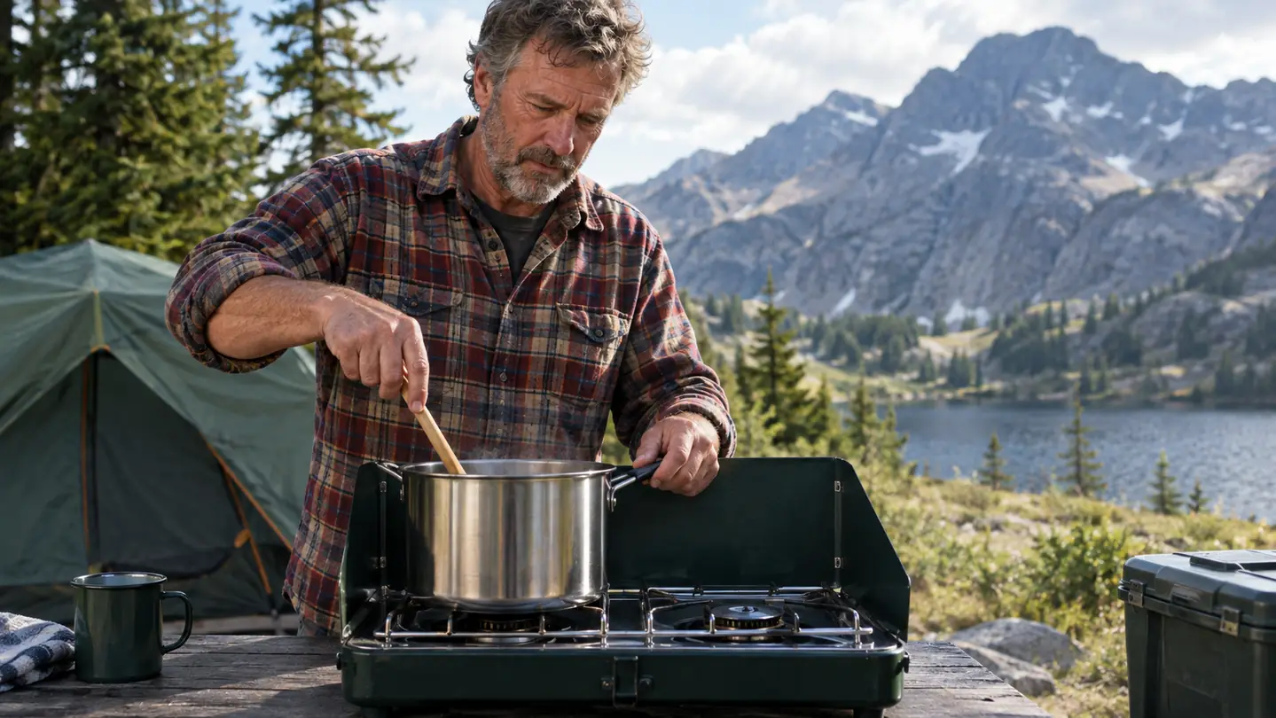 A dad cooking on a two-burner camp stove at a campsite