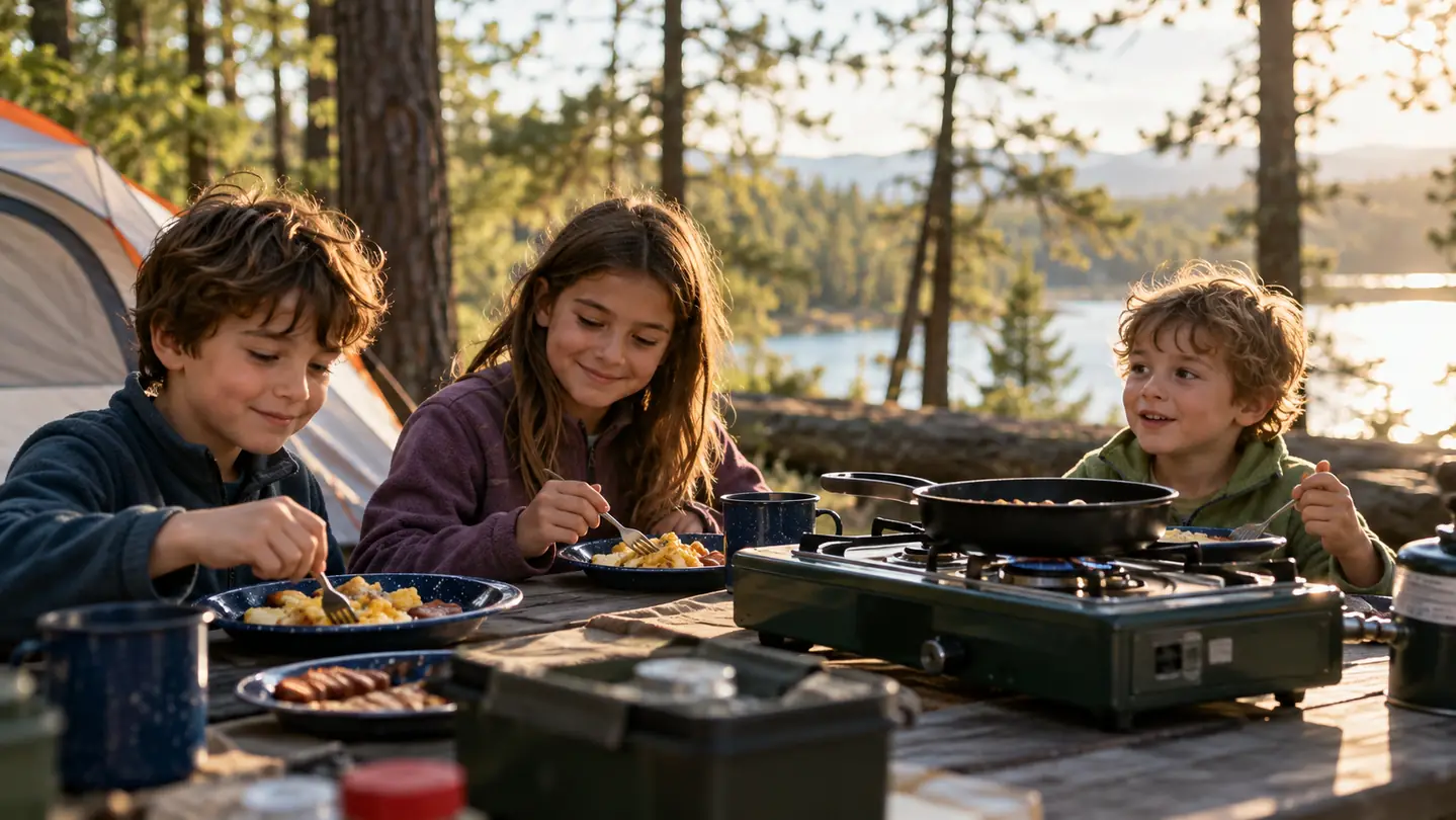Kids sitting at a picnic table with plates near a camp stove