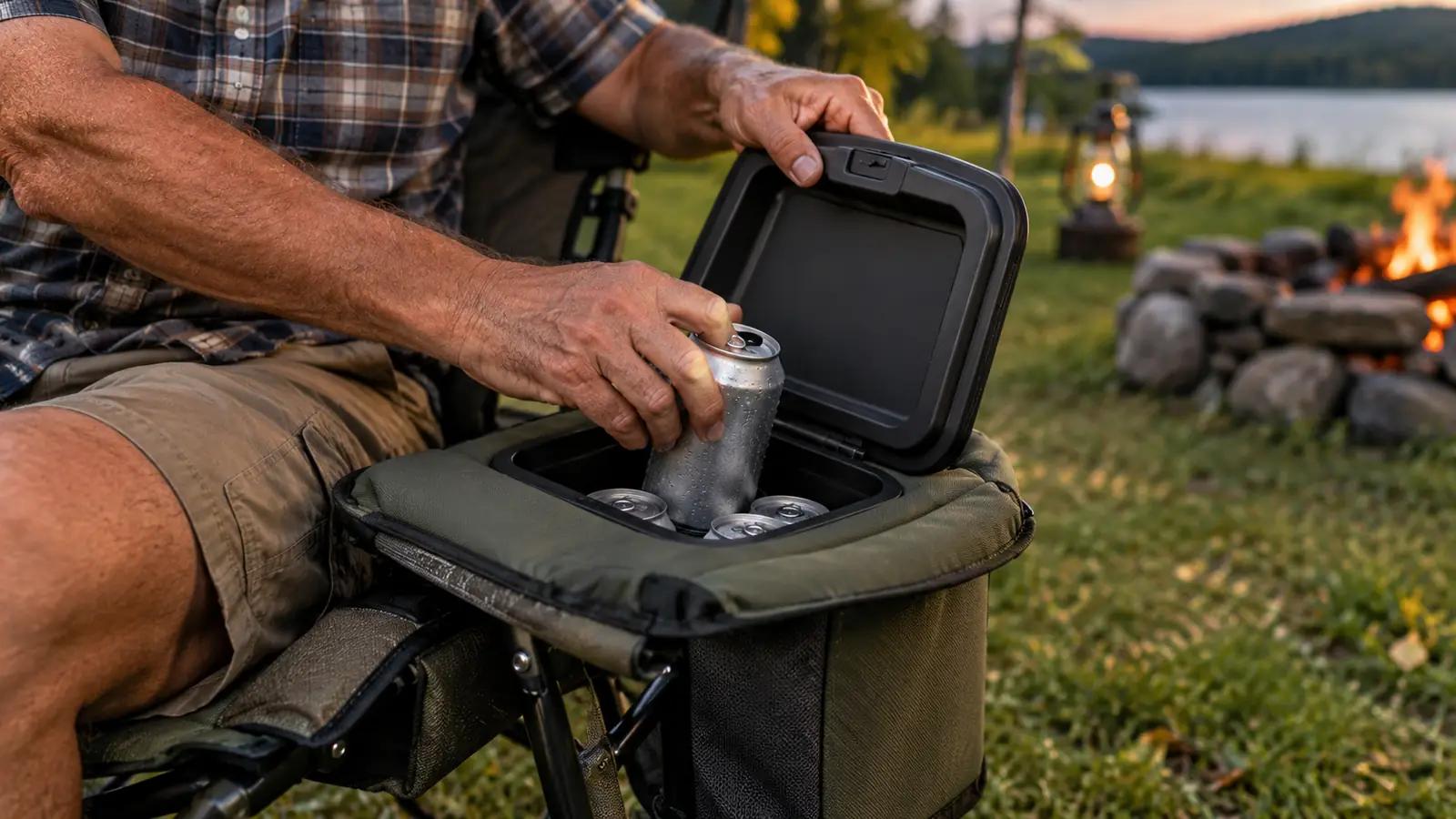 A hand reaching into the cooler built into a camp chair armrest and pulling out a canned drink.