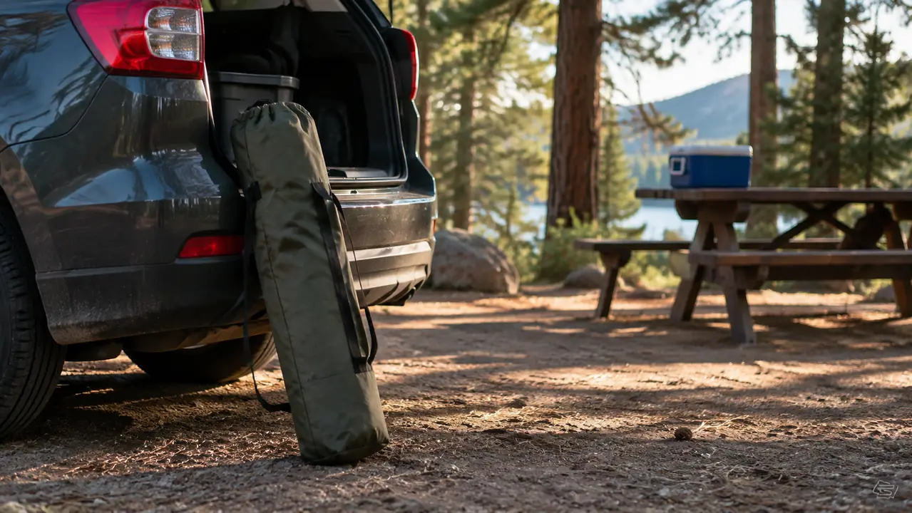 A folded camp chair in its carry bag leaning against the open tailgate of an SUV at a campsite.