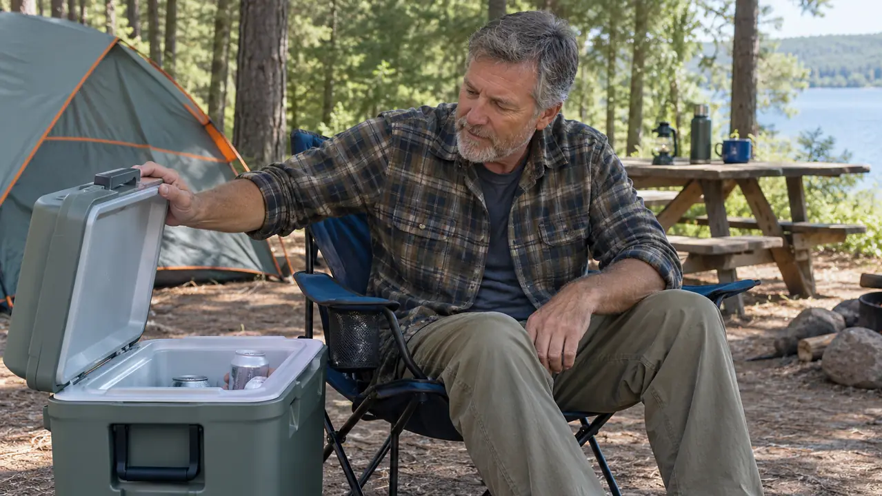 A dad seated in a camp chair opens the cooler arm to reach for a can while the campsite sits behind him