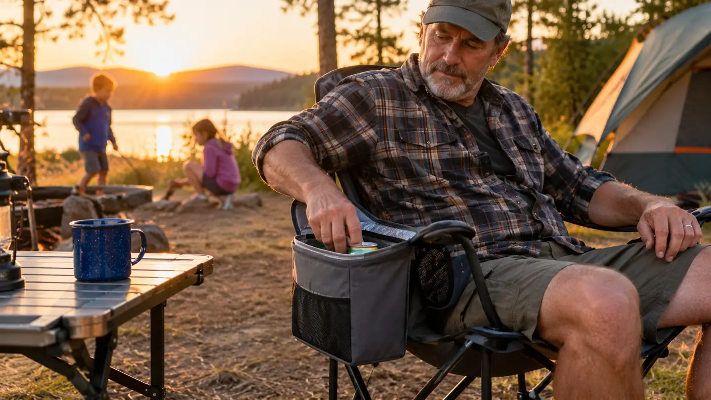 A dad sitting in a camp chair reaches into the armrest cooler for a drink at a campsite table