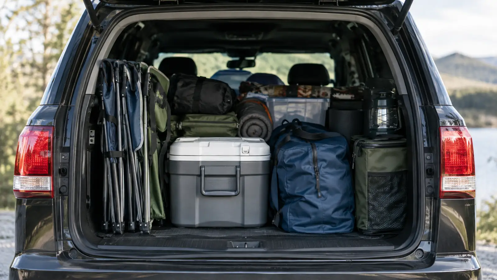 Open tailgate of an SUV with camp chairs stacked flat beside a cooler and duffel bags