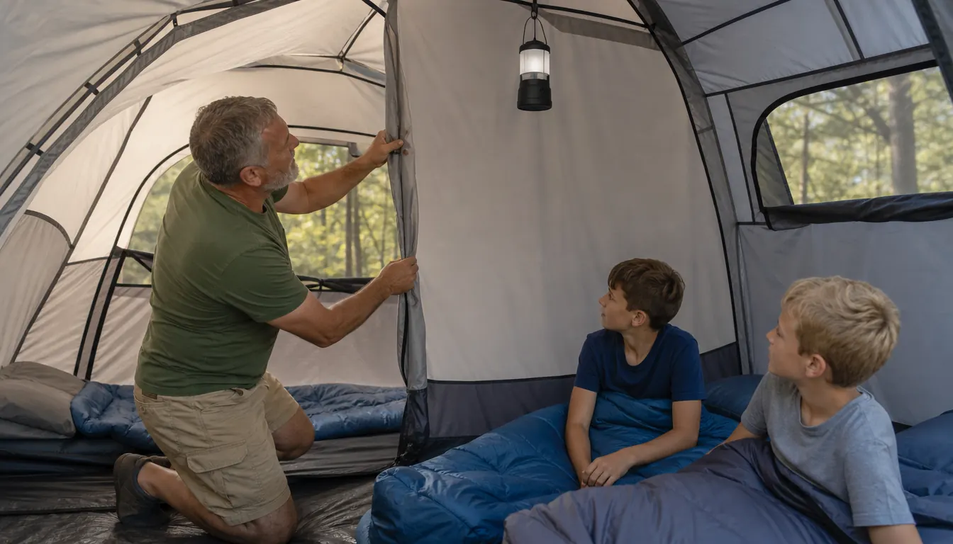 Inside a large cabin tent, a parent kneels to adjust a fabric divider while two kids sit on sleeping bags, with a lantern hanging overhead.