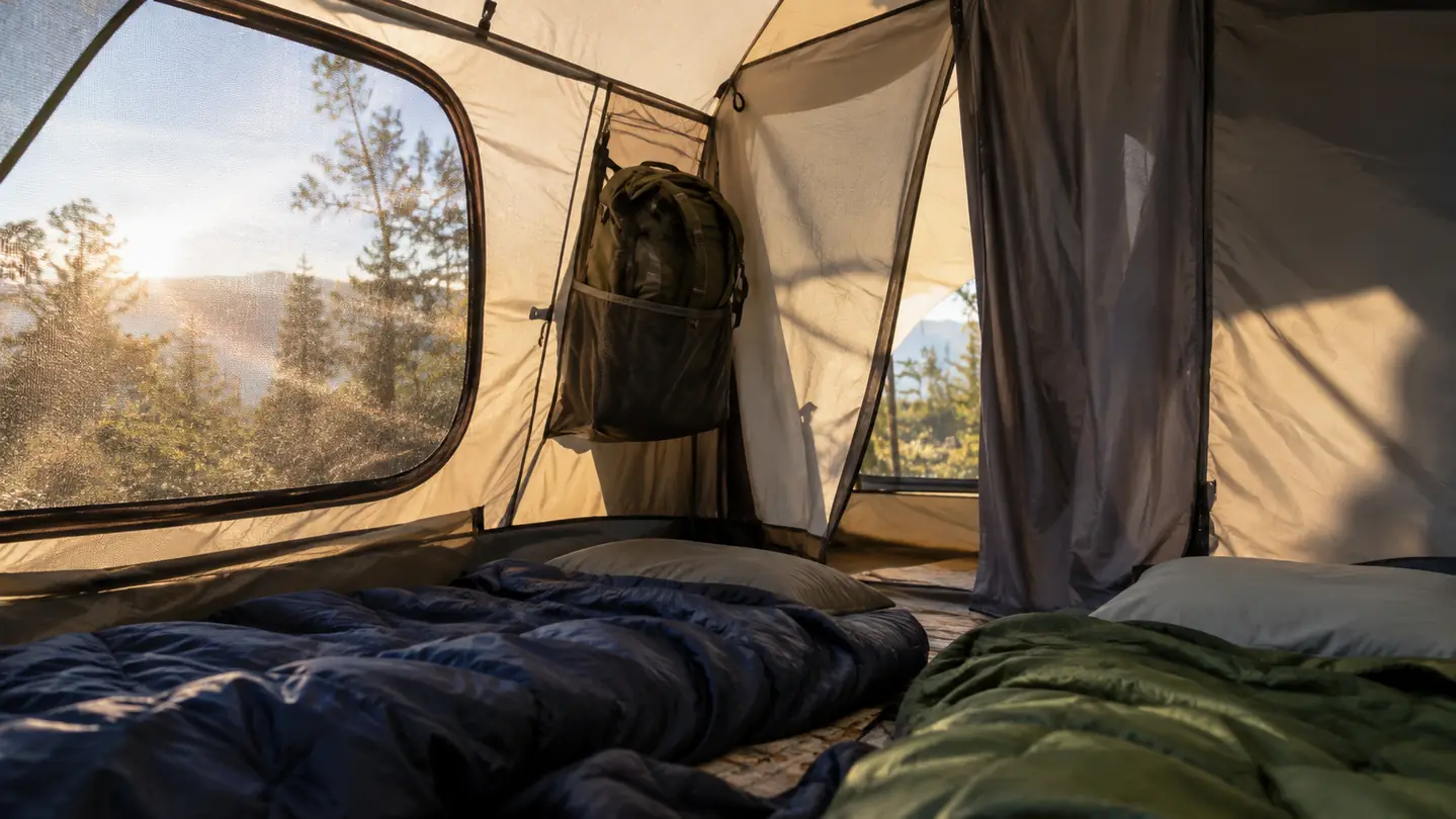 Interior of a large cabin tent in morning light, with sleeping bags on the floor, a backpack in a wall pocket, and the divider curtain partially open.