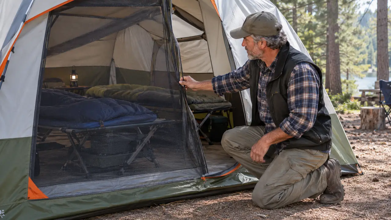 A dad kneeling at the tent door reaching in to zip the mesh screen closed while the inner door is tied back