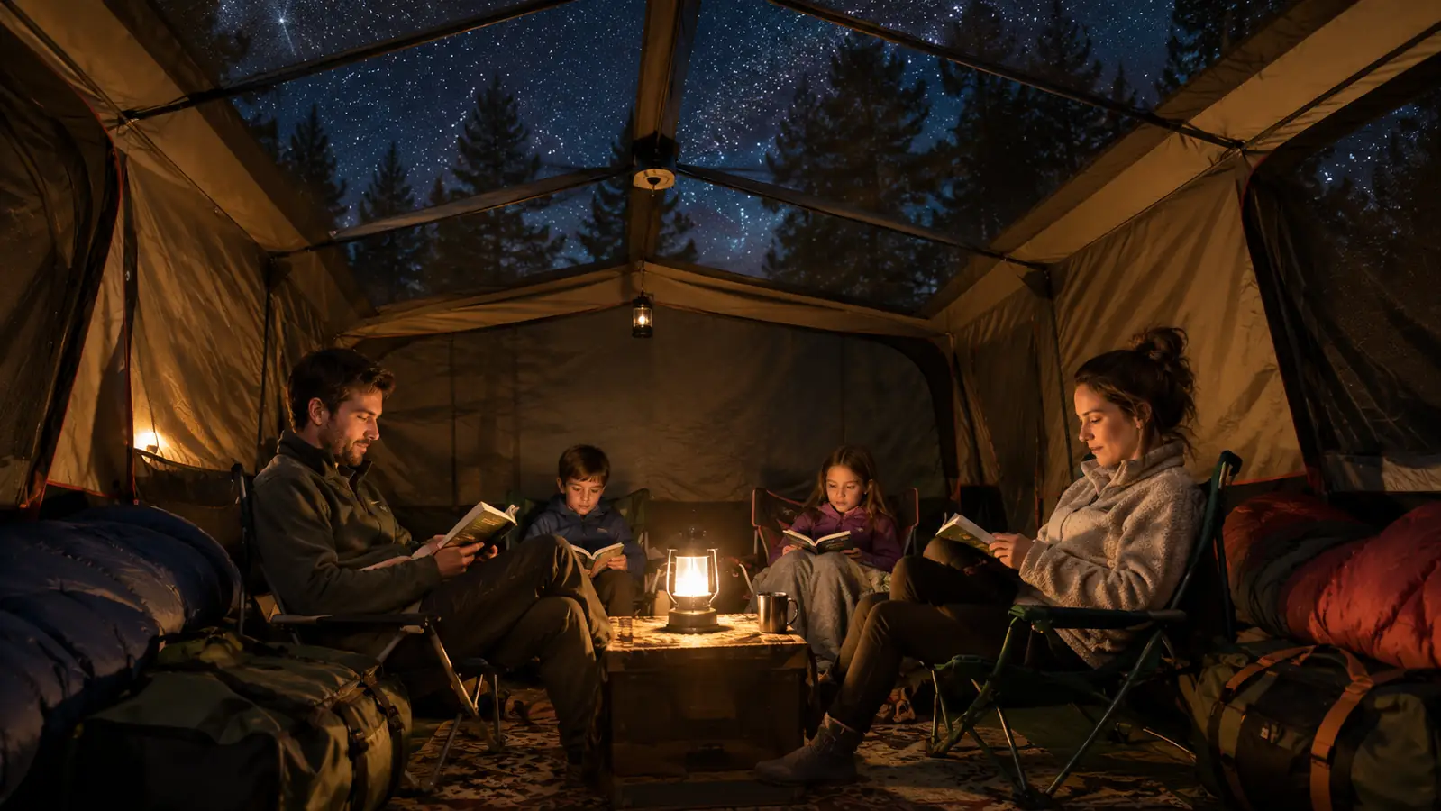 A family sitting on camp chairs inside the tent at night, reading by lantern light with the rainfly off