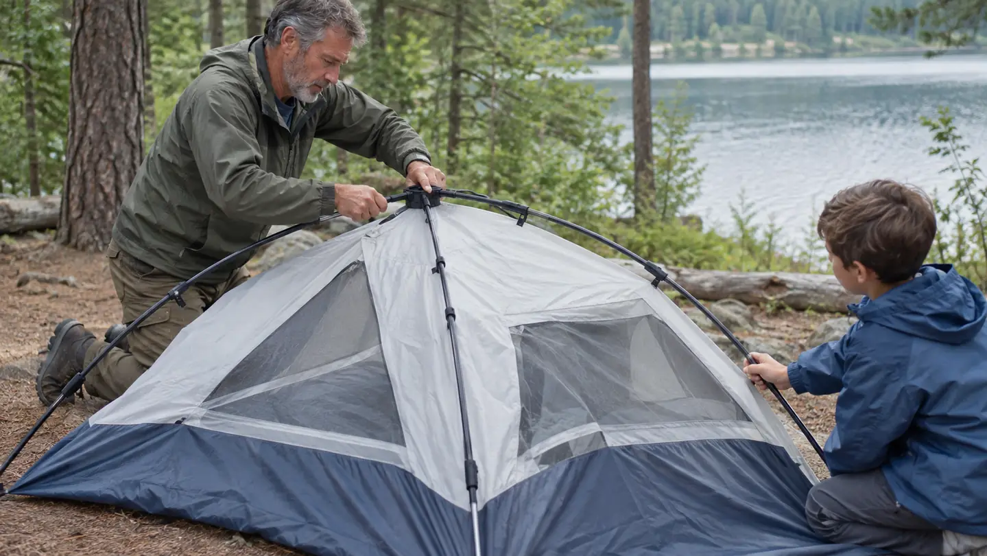 A dad kneeling and pushing a center pole into place on the tent frame while a child holds the opposite corner
