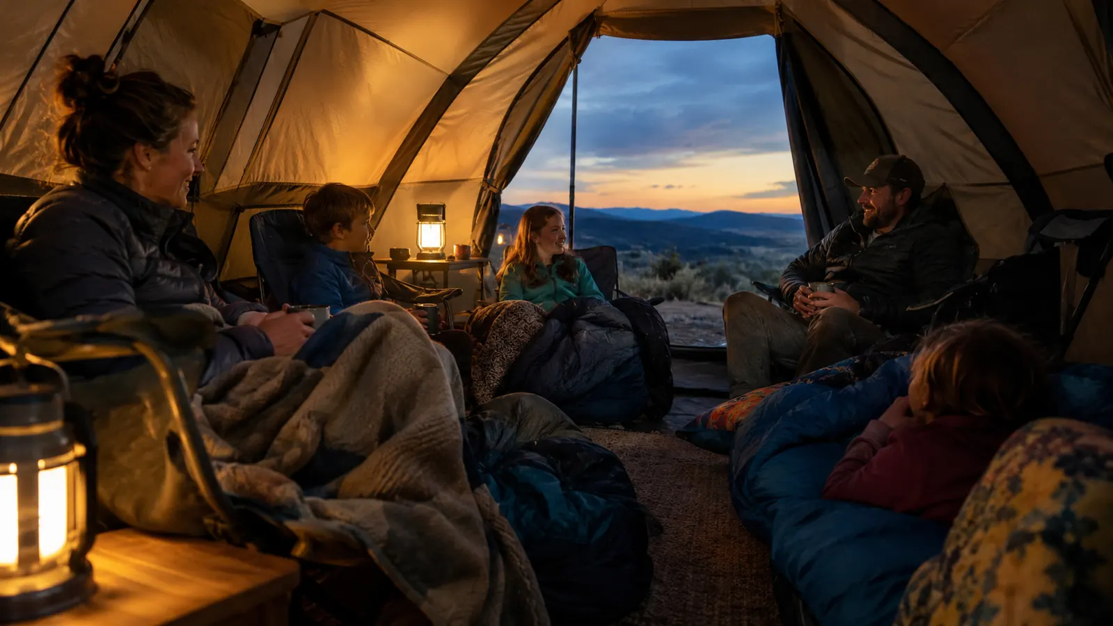 A family with kids sitting on camp chairs inside a large tent near the open door, evening light coming through the mesh