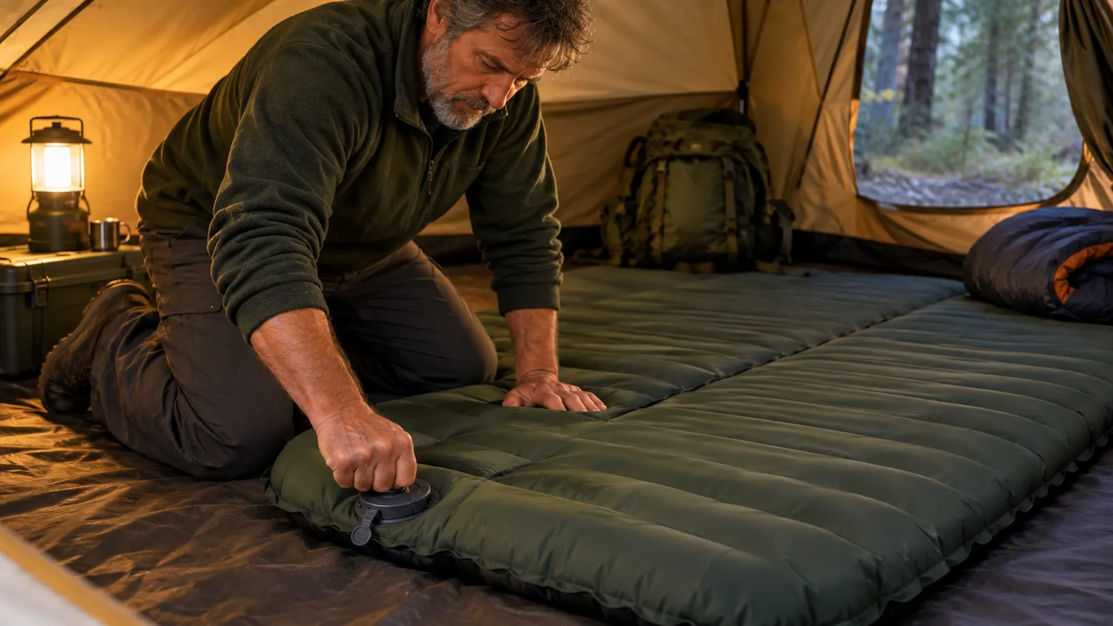 A parent kneeling on a double sleeping pad while pressing the built-in pump to add air before bedtime