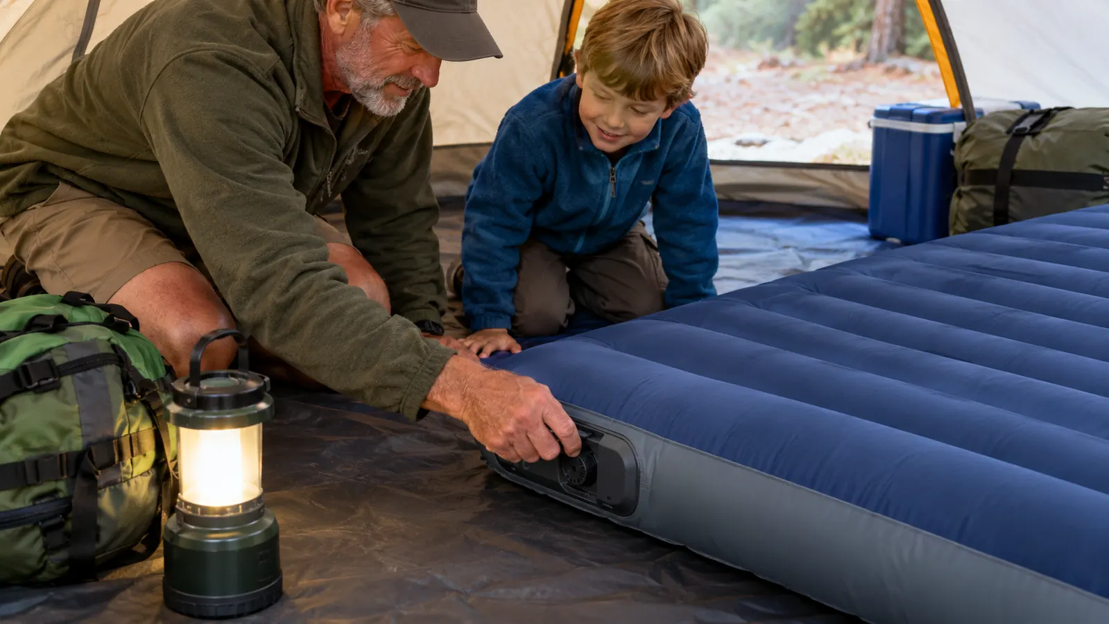 A hand pressing the pump button on a double sleeping pad while a child kneels beside it inside a tent