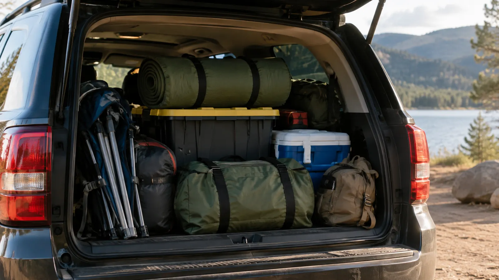A family's car packed for a camping trip with a large sleeping pad rolled up on top of other gear