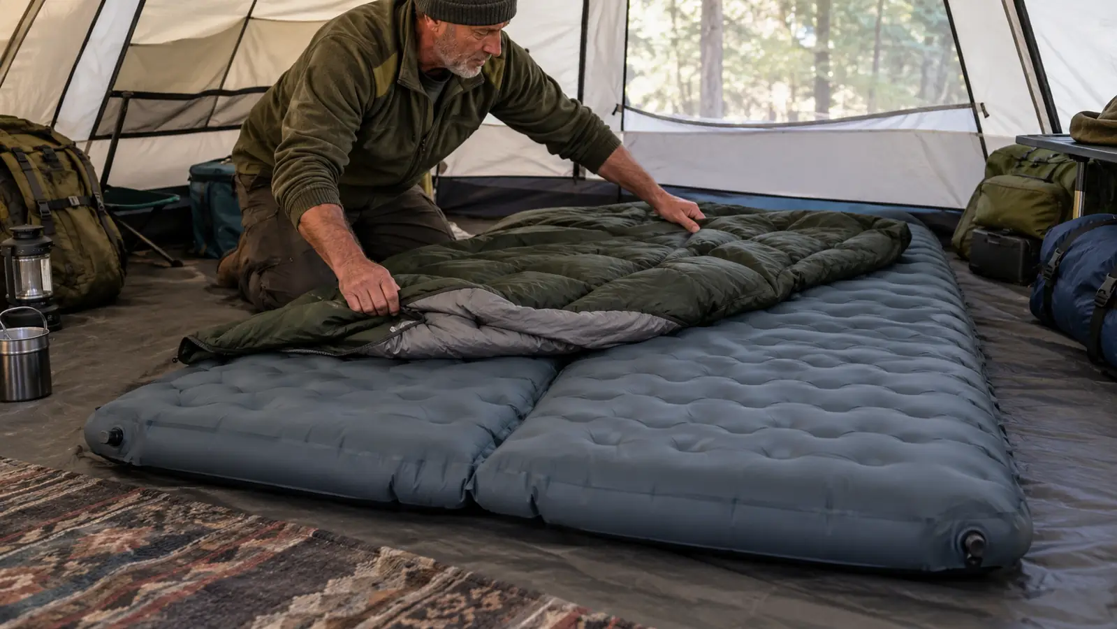 A parent kneeling beside an inflated double sleeping pad inside a tent, smoothing a sleeping bag over it
