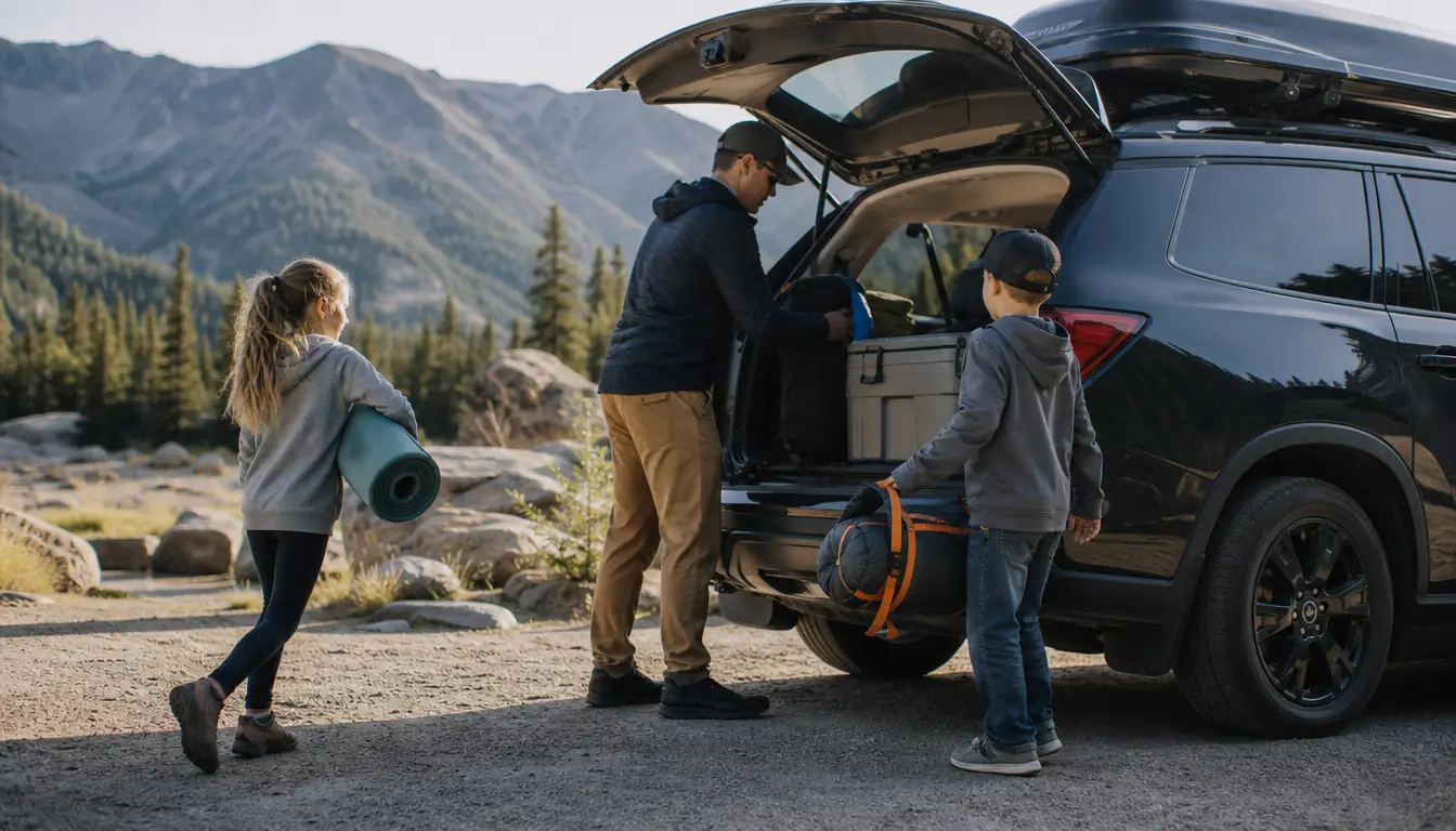 A family loading a large SUV with sleeping bags and a rolled sleeping pad for a camping trip