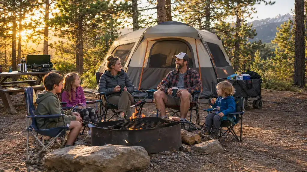 A large family cabin tent set up at a pine-shaded campground at dusk, with camp chairs and a lantern in front