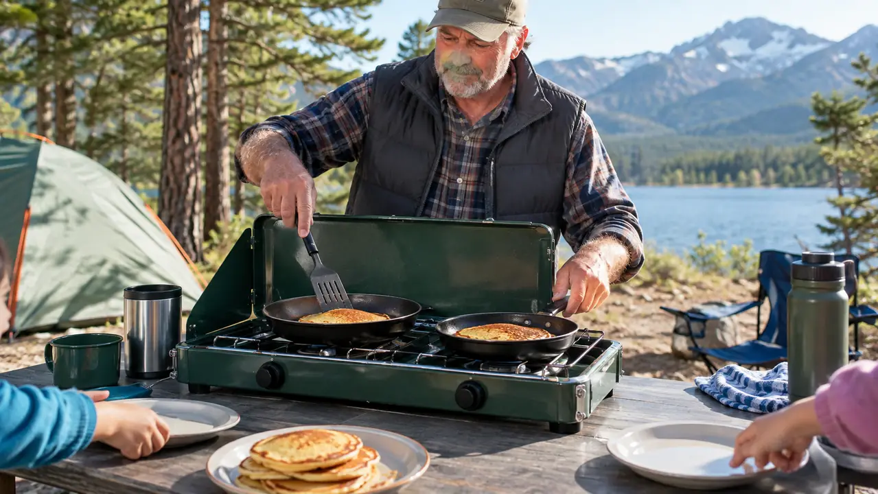 A hand flipping pancakes on a two-burner camp stove at a campsite