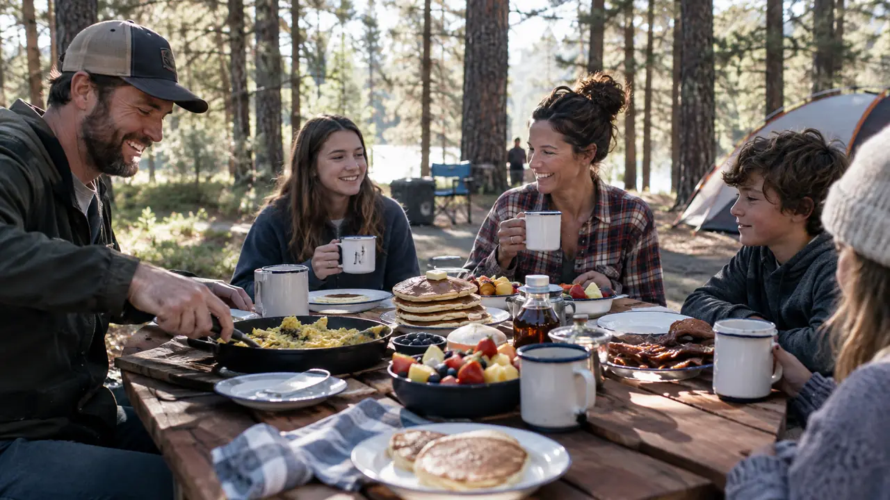 A large breakfast spread on a camp table with scrambled eggs, pancakes, fruit, and coffee in enamel mugs