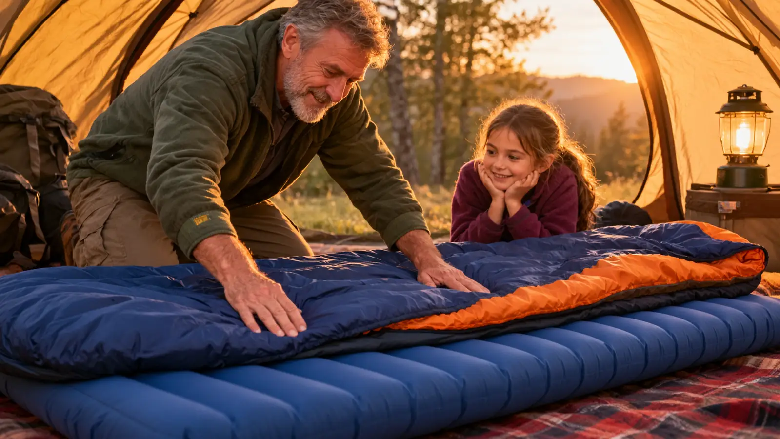 A parent kneeling beside a wide inflatable sleeping pad inside a tent, smoothing a sleeping bag over it while a child watches