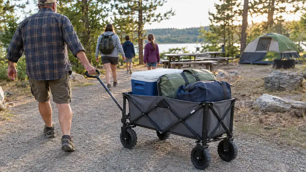 A parent pulling a folding wagon loaded with camping gear down a gravel path at a campsite