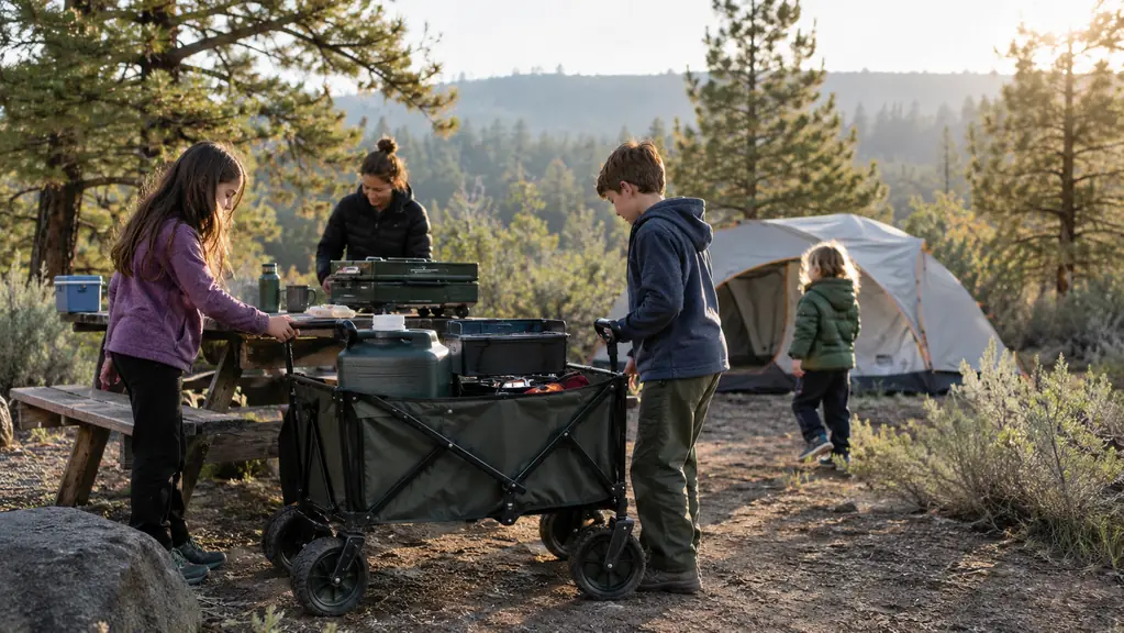 A folding wagon loaded with camp gear parked beside a picnic table at a campsite in the morning