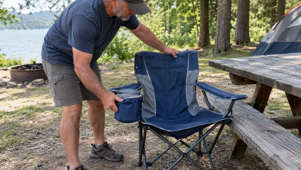 A hand setting a camp chair with a built-in cooler onto the ground next to a picnic table