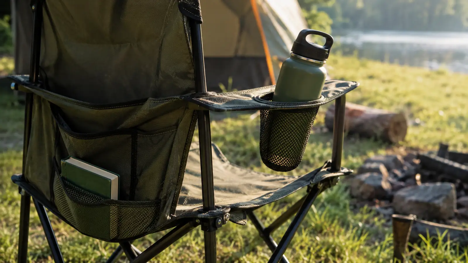 A camp chair with a cup holder and side pocket holding a water bottle and a small book, parked on a patch of grass