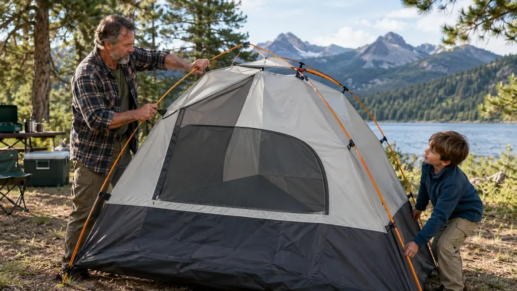A dad guiding the tent poles while a child holds the tent fabric up at the corner