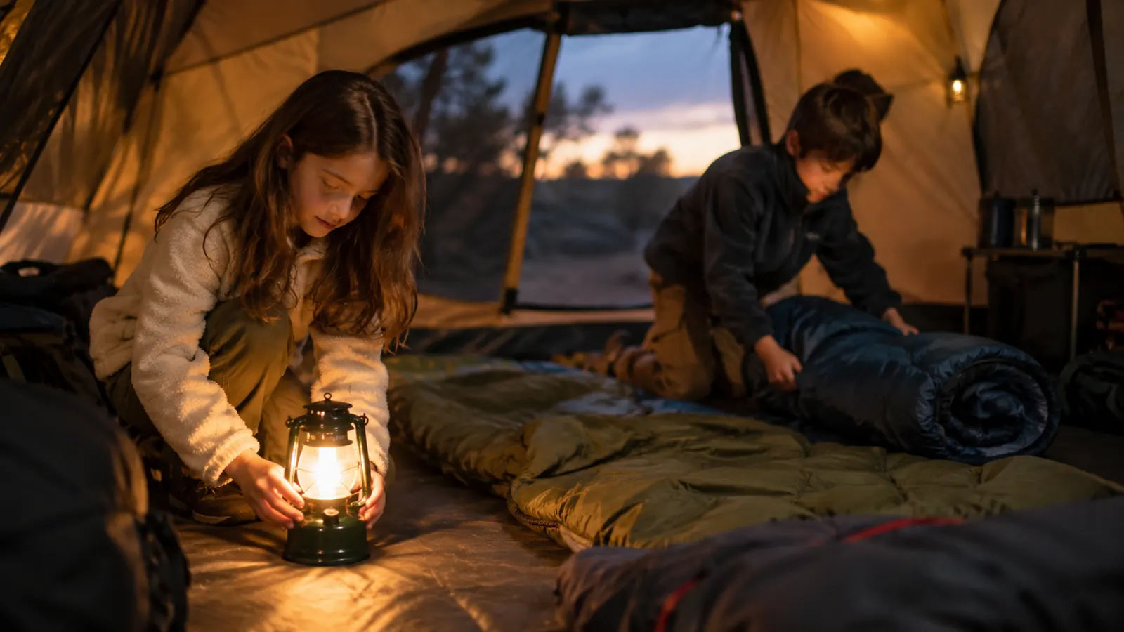 A child placing a glowing lantern on the tent floor while another child unrolls sleeping bags inside the cabin tent at dusk