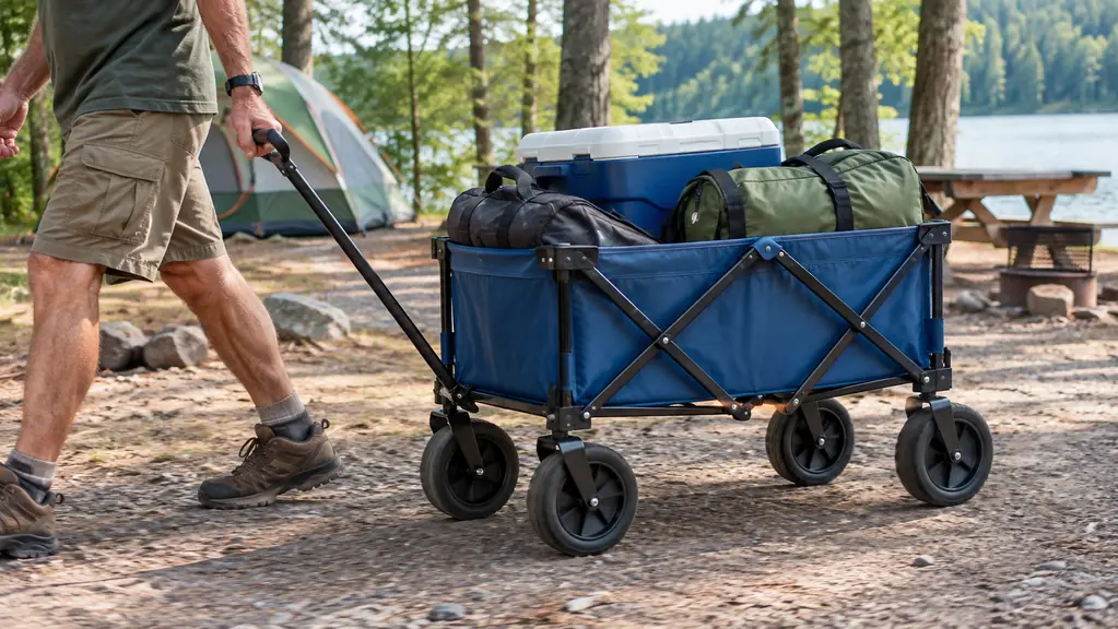 A close view of a hand pulling a loaded folding wagon across packed dirt and gravel