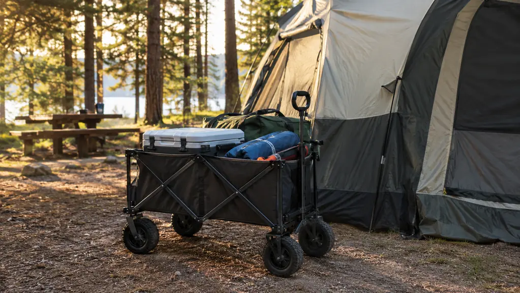 A loaded folding wagon parked beside a large tent at a forest campground in late afternoon light