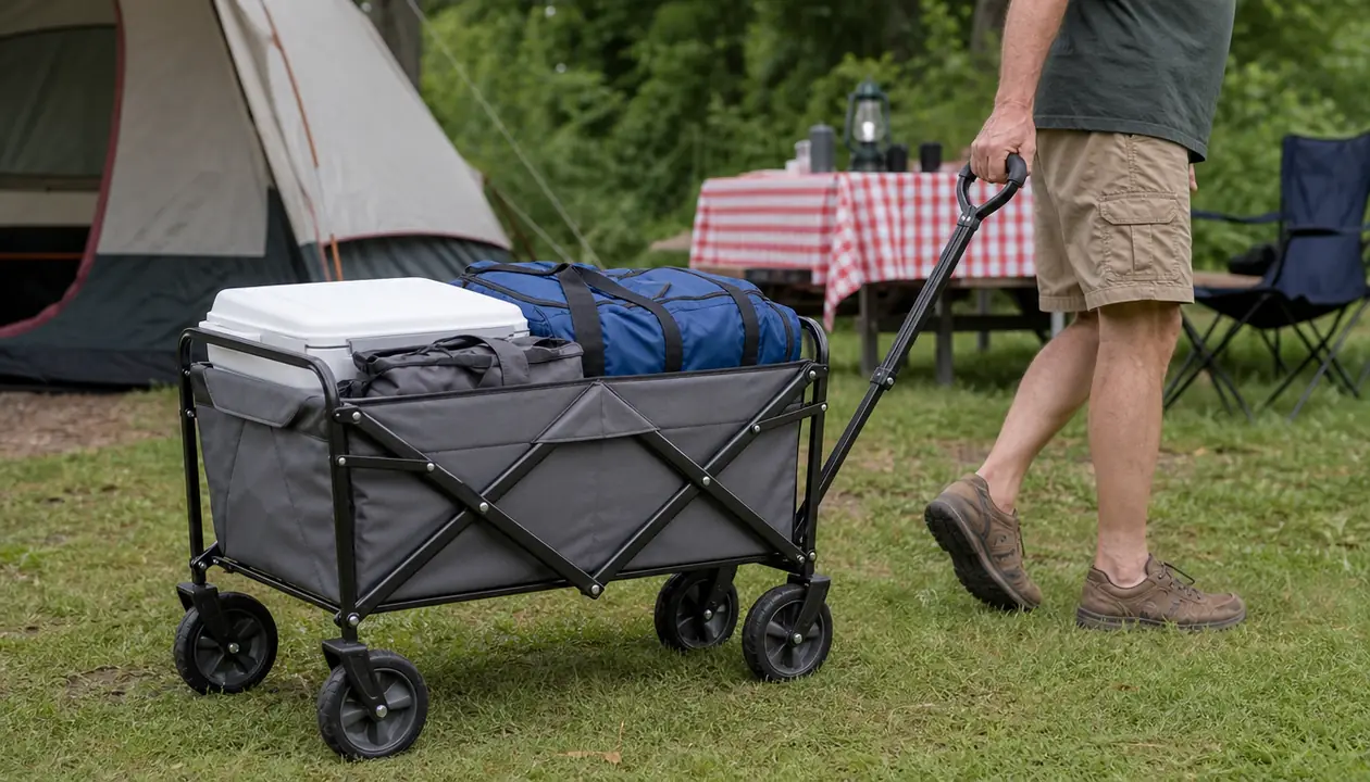 An adult pulling a loaded folding wagon across grass at a campground