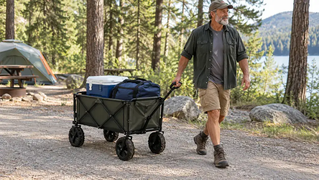 A parent pulling a folding wagon loaded with camping gear across a gravel path