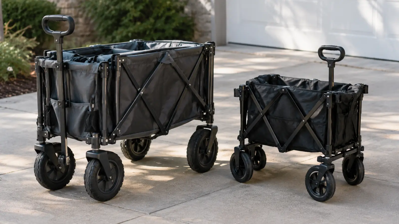 Two folded wagons side by side on a driveway, one larger and one smaller