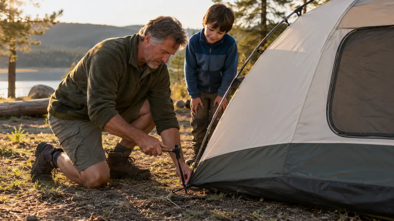 A dad kneeling beside a tent stake, hammering it into pine-needle dirt while a child watches