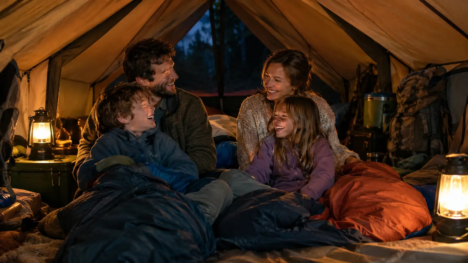 A family sitting on sleeping bags inside a roomy cabin tent, lanterns glowing, kids laughing