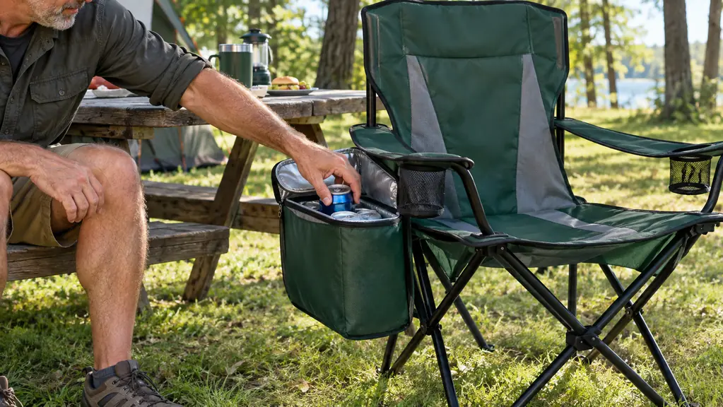 A Coleman camp chair with its side cooler pocket open, a hand pulling out a drink can at a campsite
