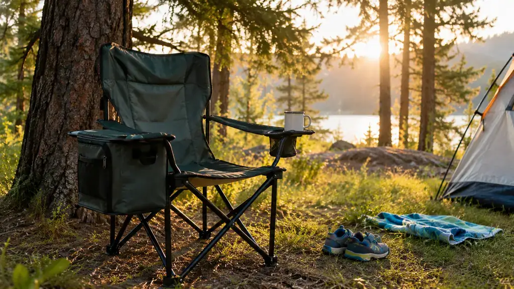 A camp chair with a cooler pocket in the armrest resting in the shade of a pine tree, a coffee mug on the armrest